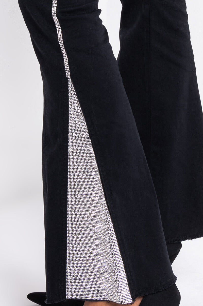 Detail View Wild Thoughts High Waisted Rhinestone Flare Jeans  in Black