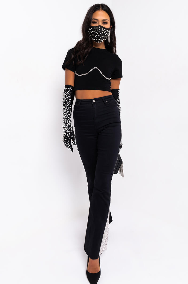 Full View Wild Thoughts High Waisted Rhinestone Flare Jeans  in Black
