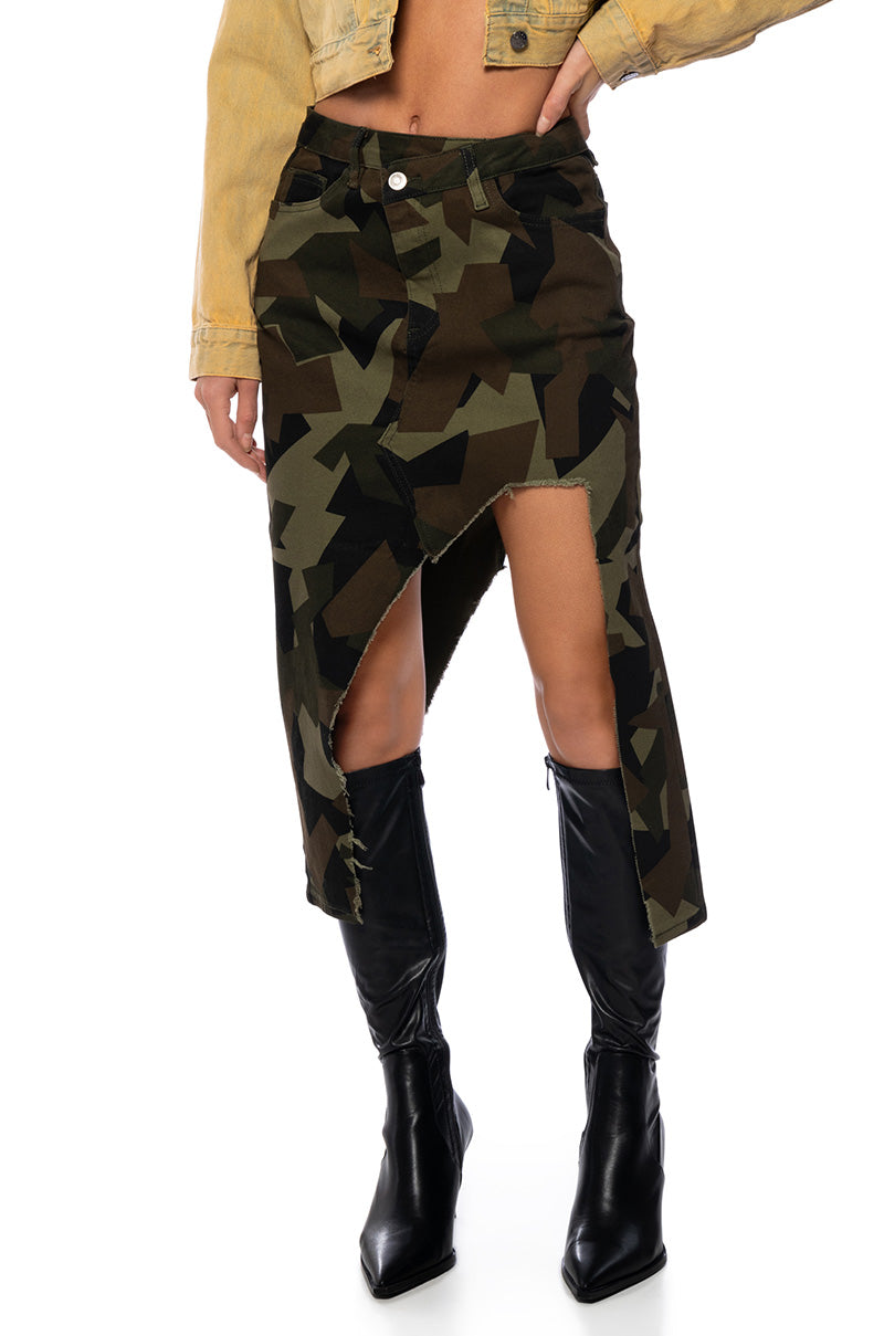 Front View Wilder Cut Out High Low Camo Skirt