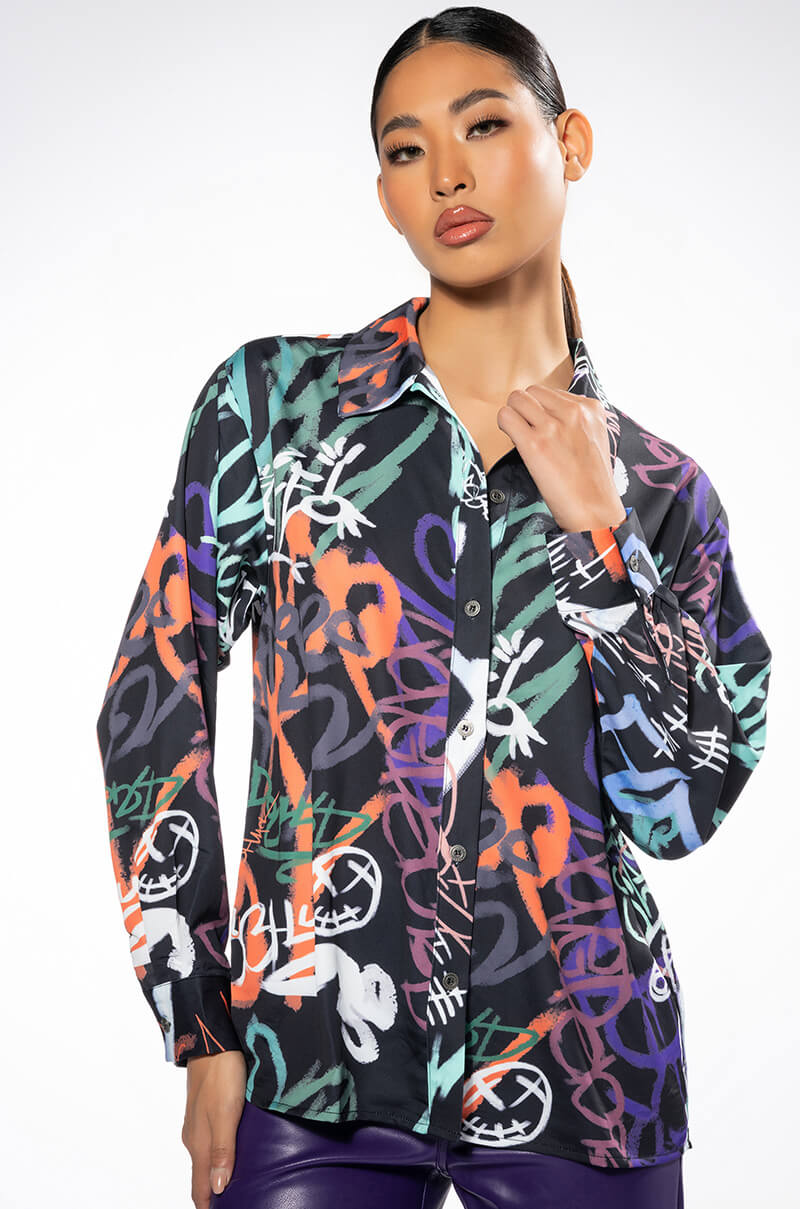 Front View Wilder Printed Button Down Blouse