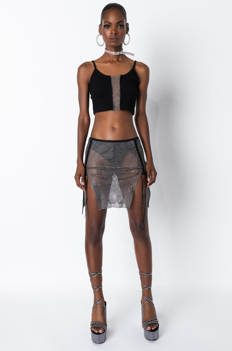 Full View Wilder Rhinestone Mesh Mini Skirt in Black