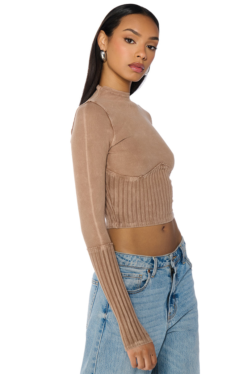 Side View Willow Corset Long Sleeve Tee In Light Brown