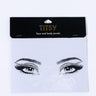 A package labeled "WINGED EYE GEM LINER" features an illustration of a pair of eyes with elaborately decorated lids and brows using gold and black jewels. The jewels accentuate the eyes with a detailed, sparkly design.