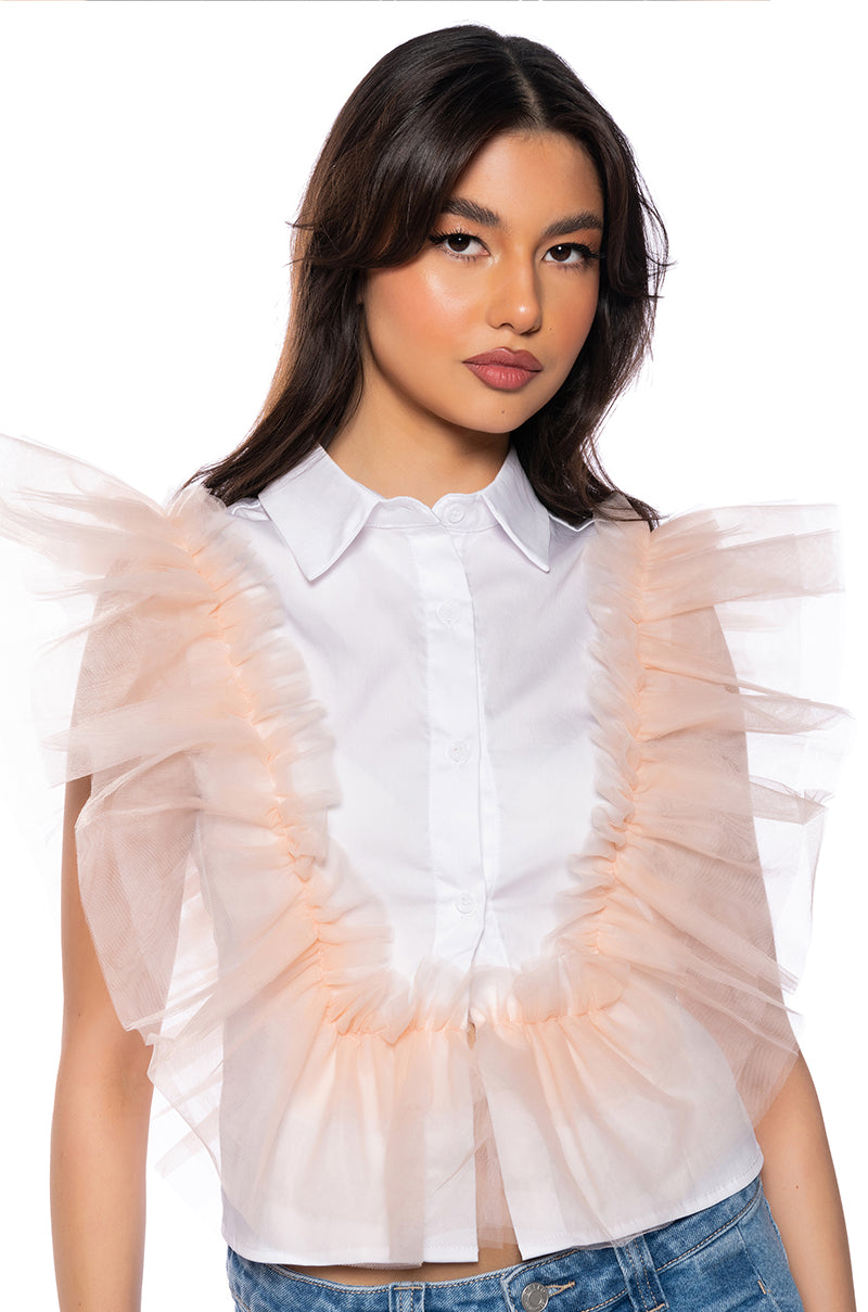 Front View Wingin It Ruffle Button Down