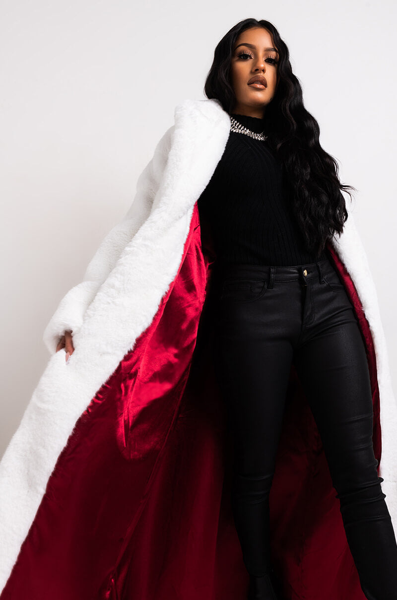 Back View Winter Whites Long Faux Fur Trench Coat in White