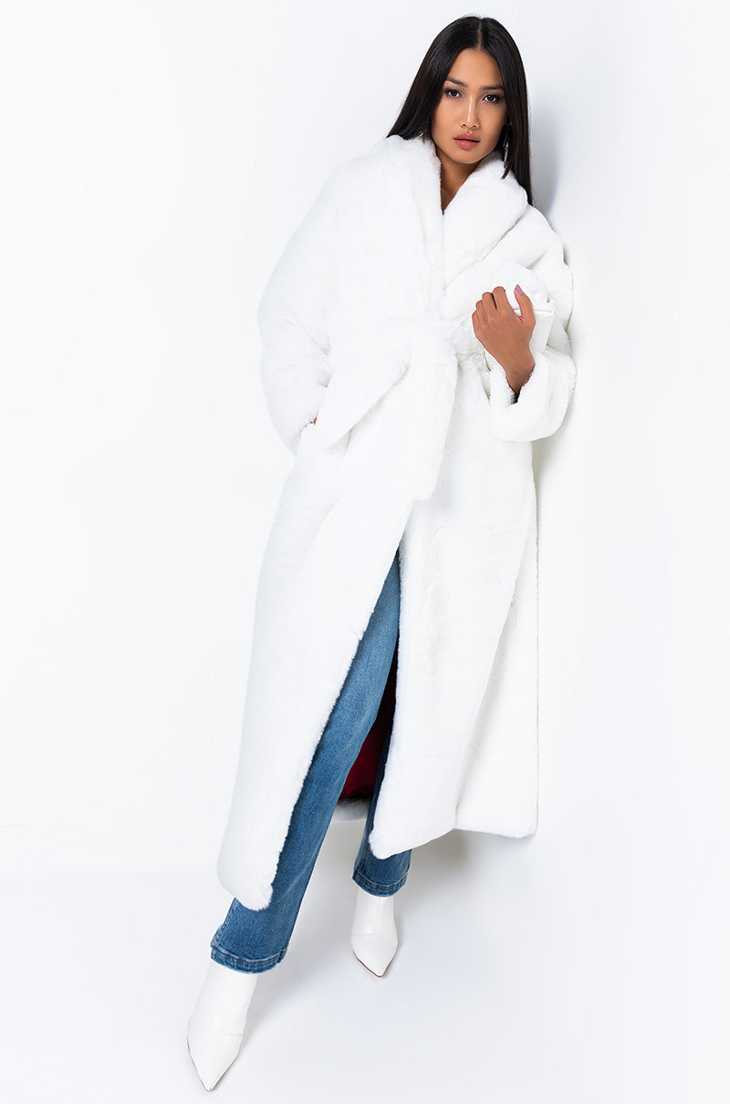 Detail View Winter Whites Long Faux Fur Trench Coat in White