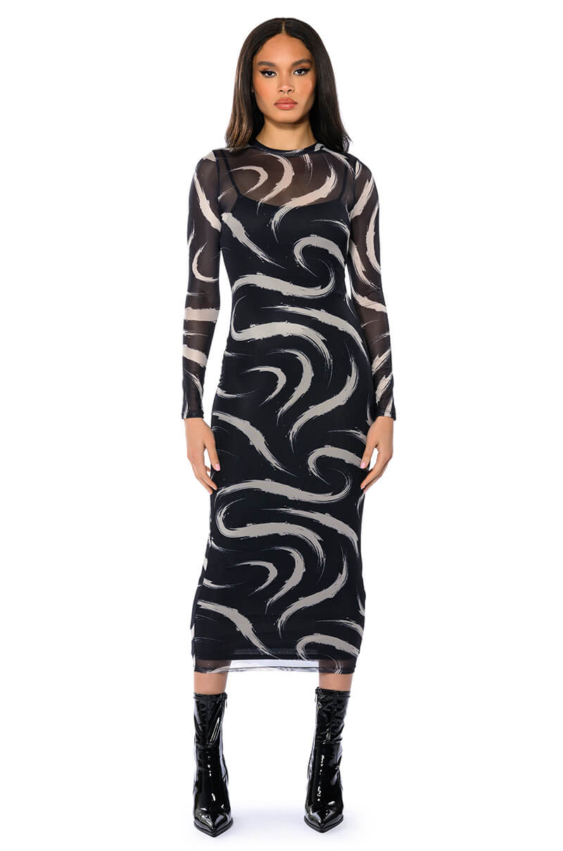 Front View Wish You Knew Mesh Long Sleeve Midi Dress