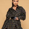 Front View Wish You Were Here Plaid T Shirt Dress With Oversized Belt in Green Multi