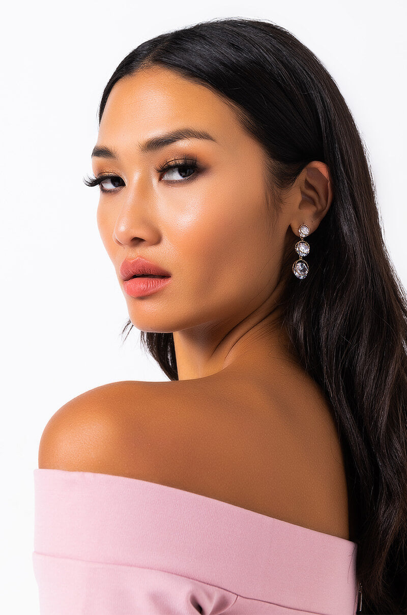 Front View Woke Up Like This Rhinestone Dangle Earring in Gold