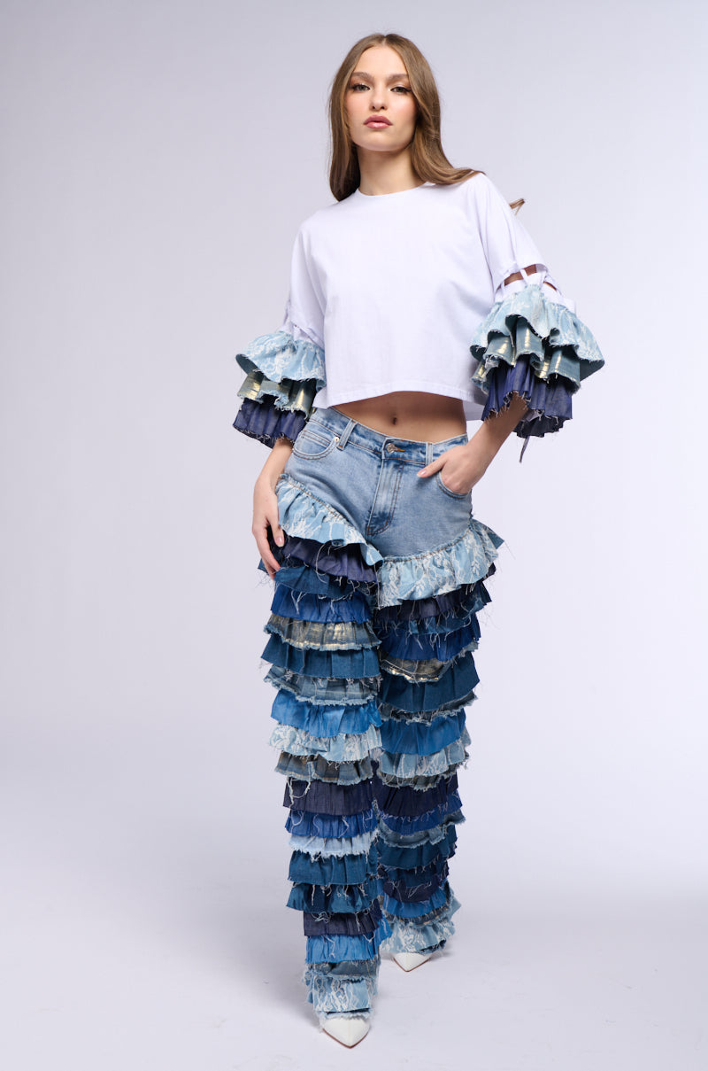 WONDERLAND RUFFLED WIDE LEG DENIM JEAN – AKIRA