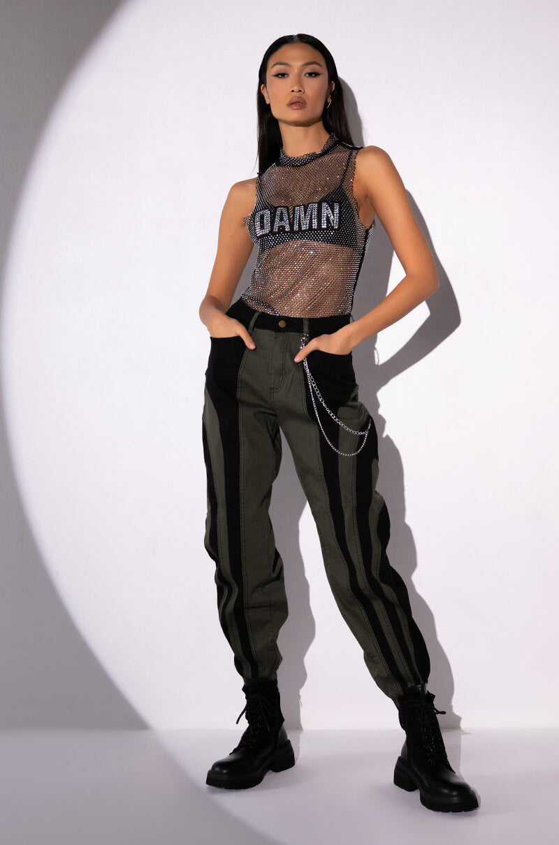 Side View Wonka Chain Detail Color Blocked Denim Pant view 2