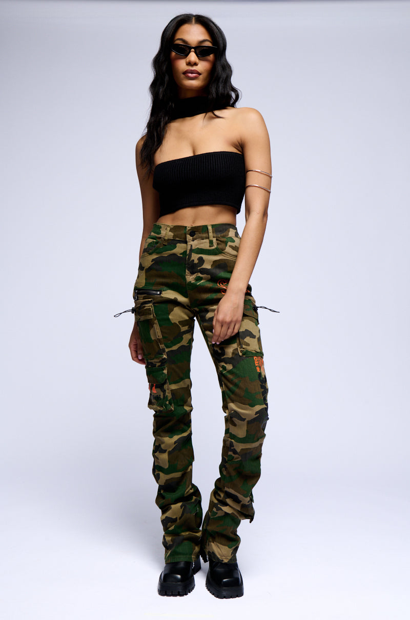 Side View Wood Camo High Rise Stacked Pants