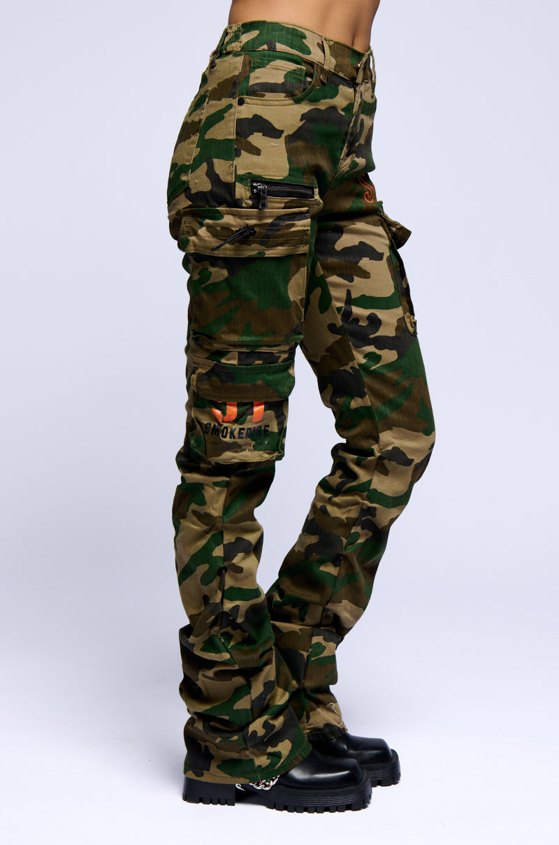 Back View Wood Camo High Rise Stacked Pants