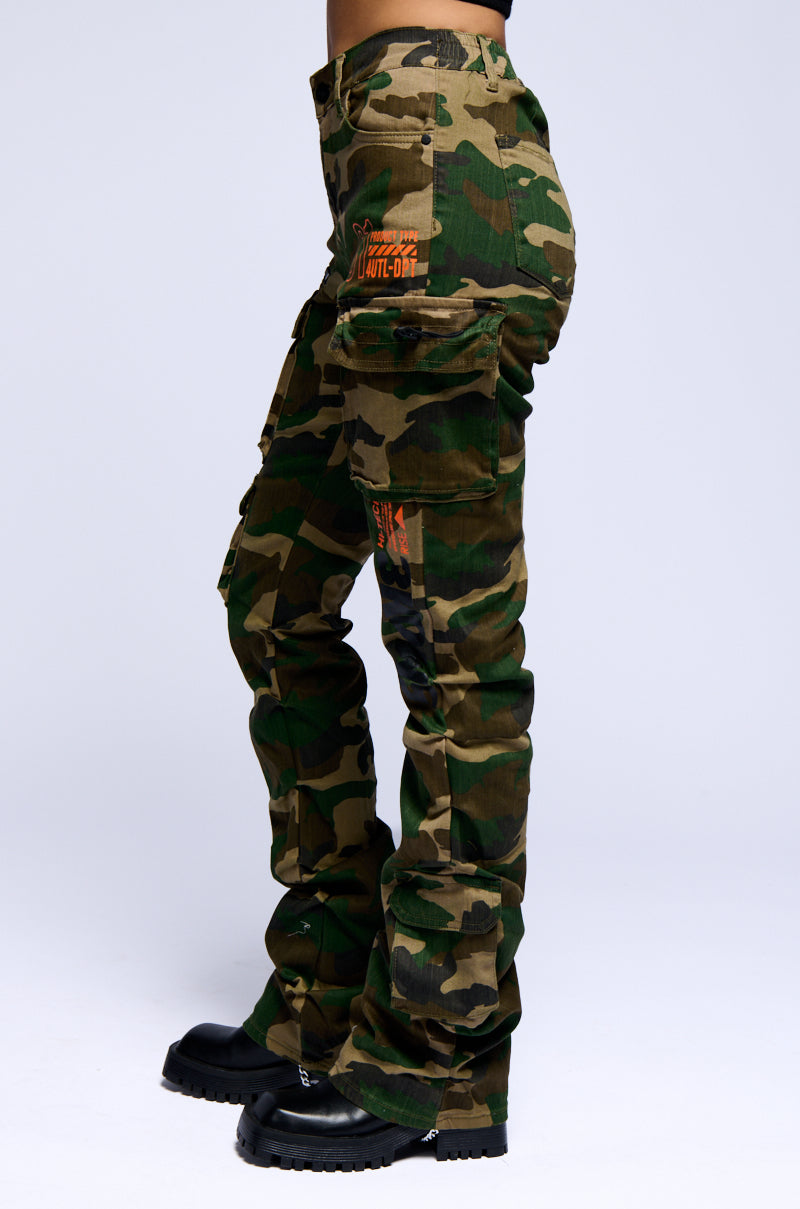 Detail View Wood Camo High Rise Stacked Pants