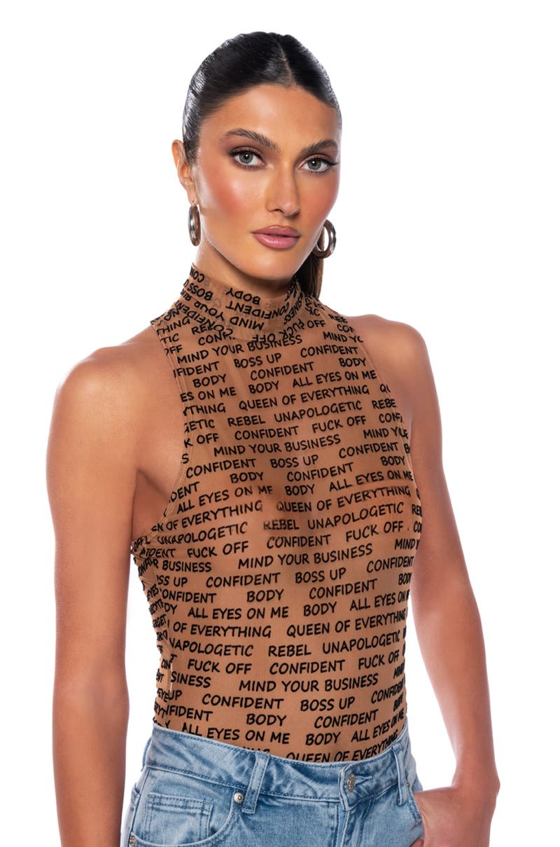 Side View Word Of Mouth Sleeveless Mock Neck Mesh Bodysuit