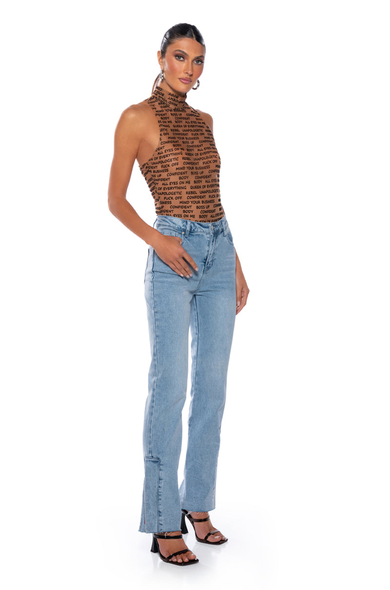Back View Word Of Mouth Sleeveless Mock Neck Mesh Bodysuit