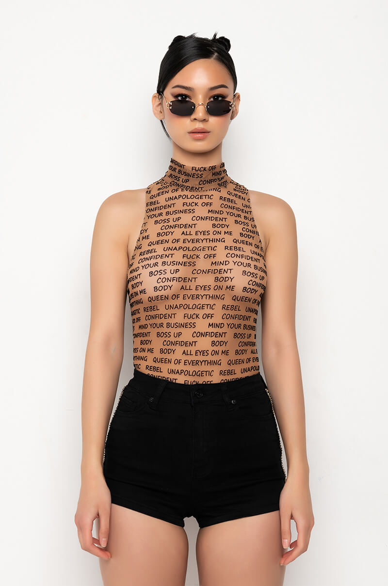Detail View Word Of Mouth Sleeveless Mock Neck Mesh Bodysuit