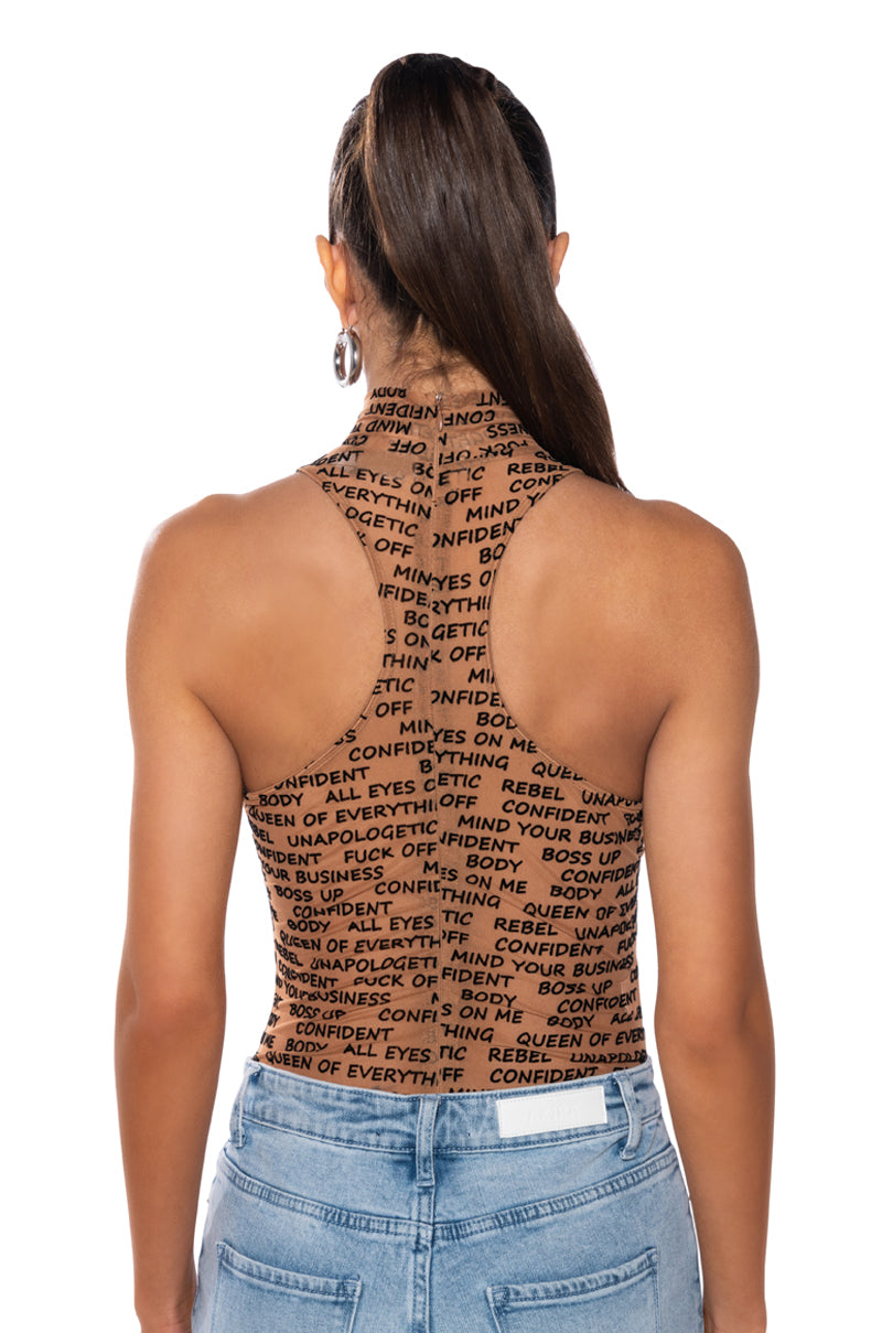 Extra View Word Of Mouth Sleeveless Mock Neck Mesh Bodysuit