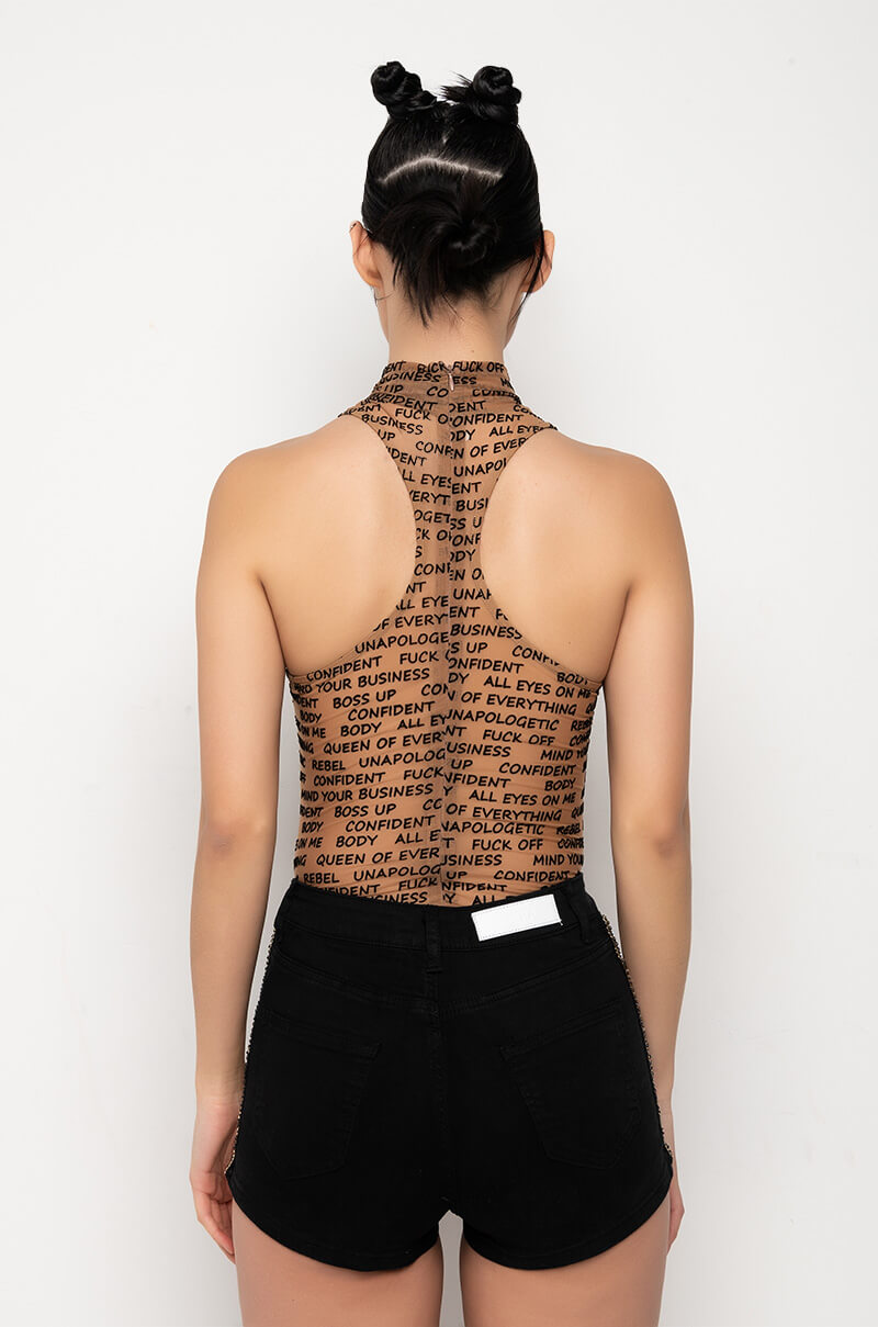 Extra View Word Of Mouth Sleeveless Mock Neck Mesh Bodysuit