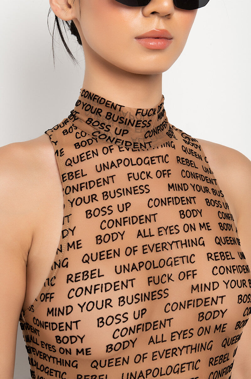 Extra View Word Of Mouth Sleeveless Mock Neck Mesh Bodysuit