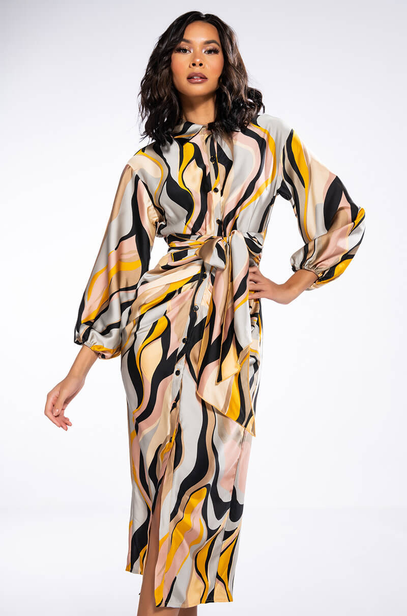 Front View Work Of Art Button Down Tie Waist Midi Dress