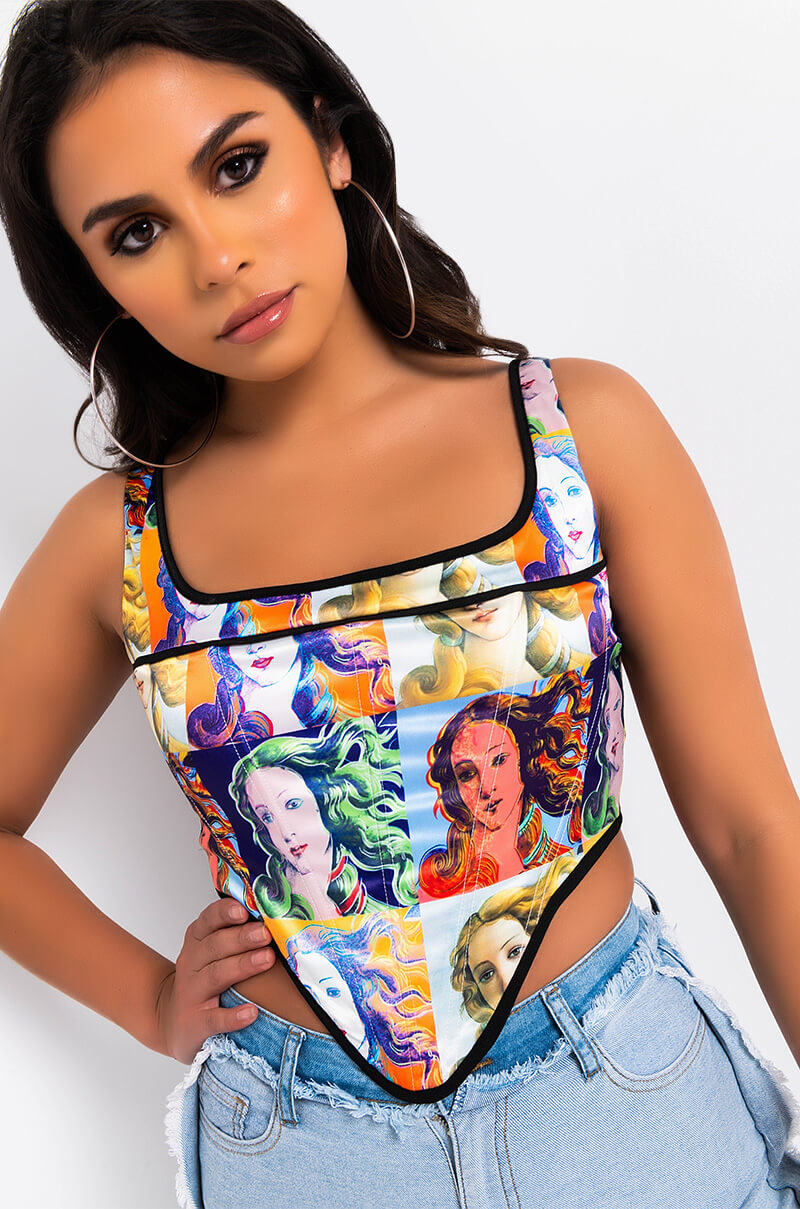 Front View Work Of Art Corset Tank Top in Pink Multi