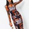 Front View Work Of Art Ruched Mesh Midi Dress in Rust