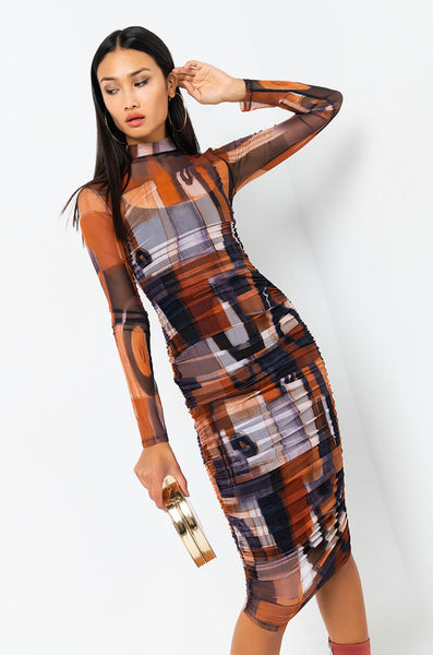 BREAK THE MOLD LONG SLEEVE RUCHED MESH MIDI DRESS rust – AKIRA