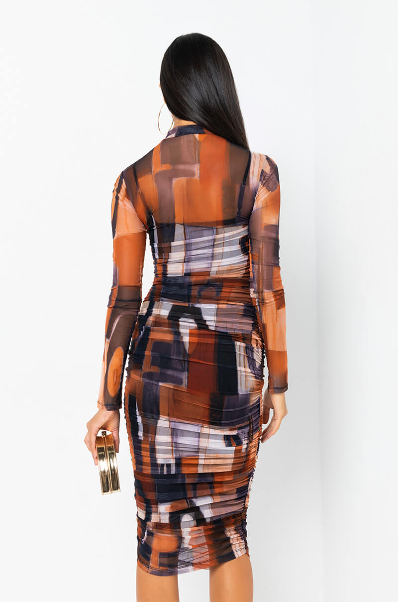 BREAK THE MOLD LONG SLEEVE RUCHED MESH MIDI DRESS rust AKIRA BREAK THE MOLD LONG SLEEVE RUCHED MESH MIDI DRESS rust AKIRA