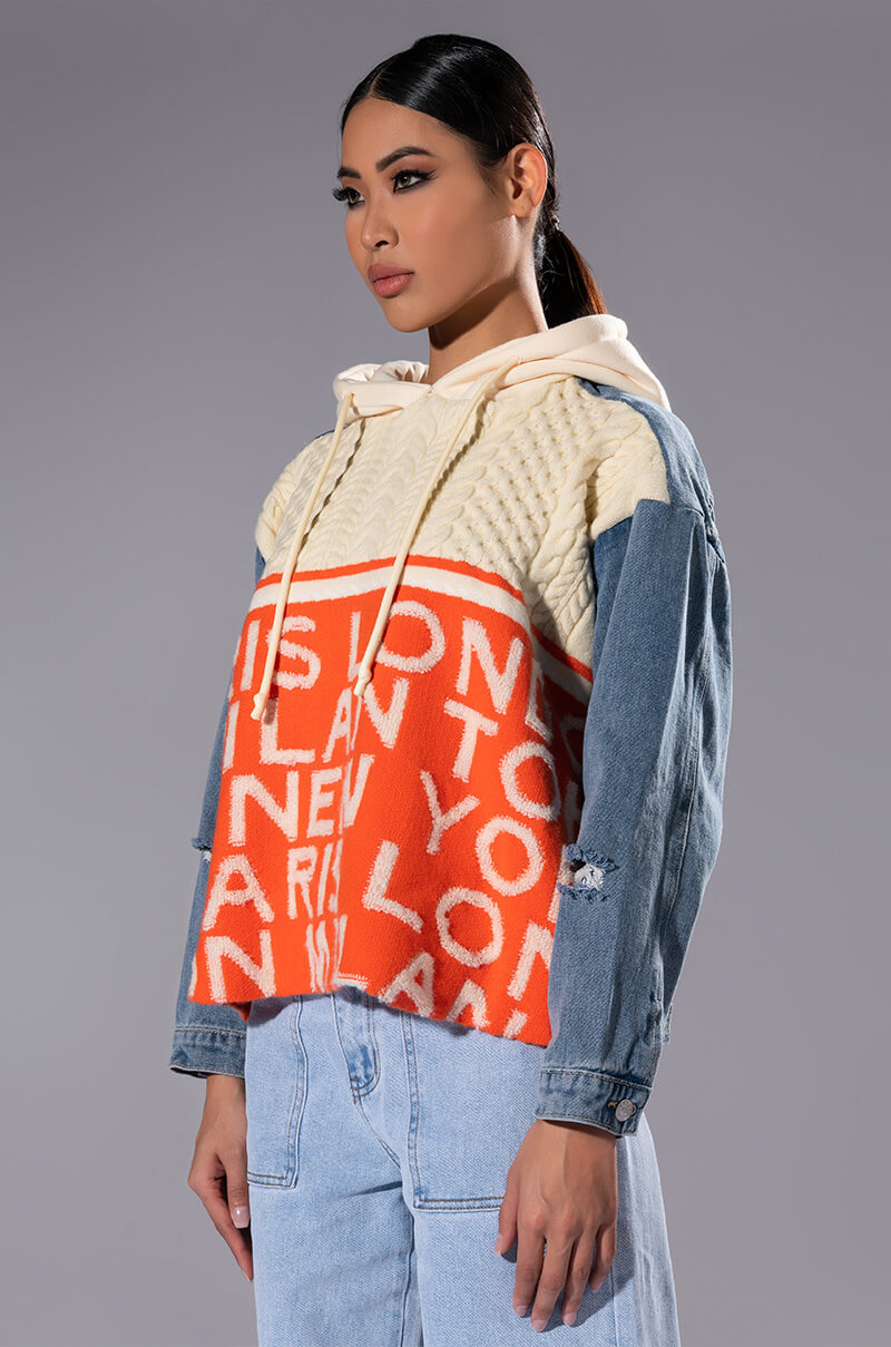 Back View World Traveler Distressed Denim Knit Detail Hoodie