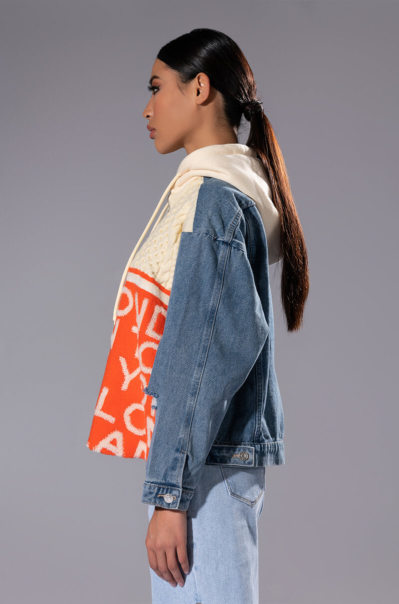 Detail View World Traveler Distressed Denim Knit Detail Hoodie