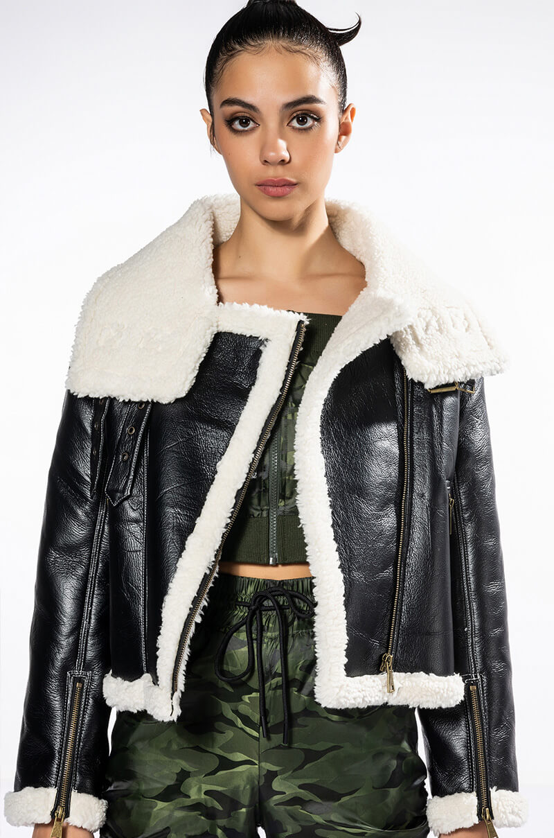 Front View World Traveler Sherpa Oversized Moto Jacket
