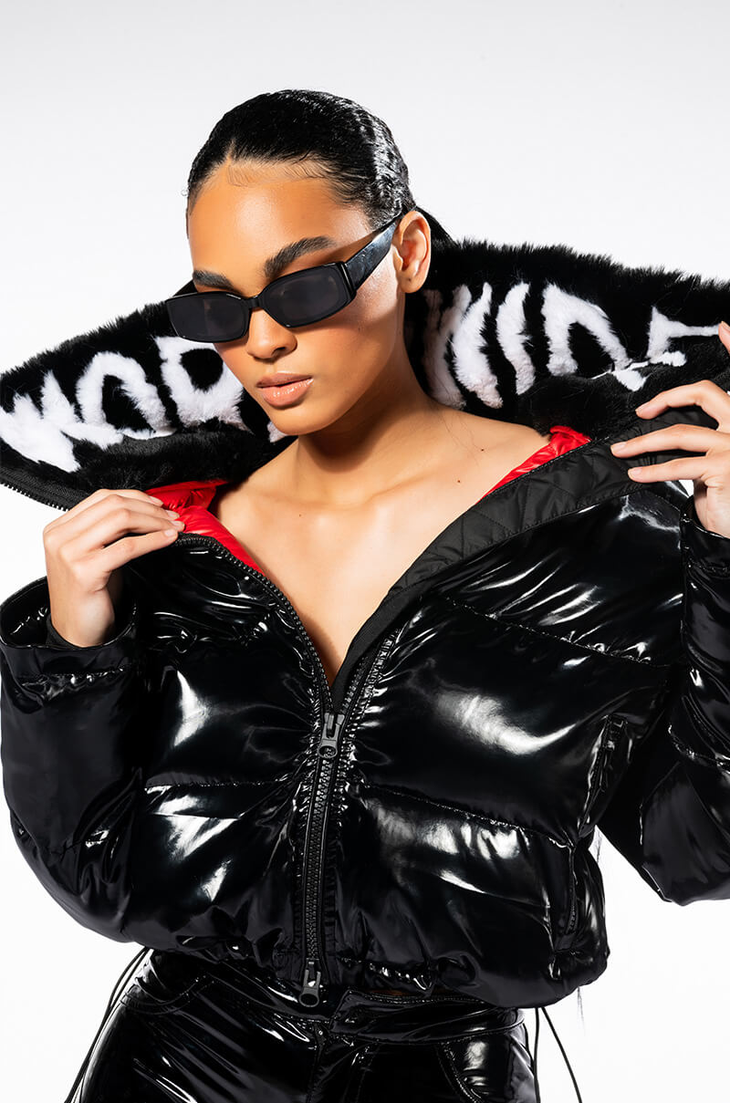 Front View World Wide Patent Puffer With Fur Collar