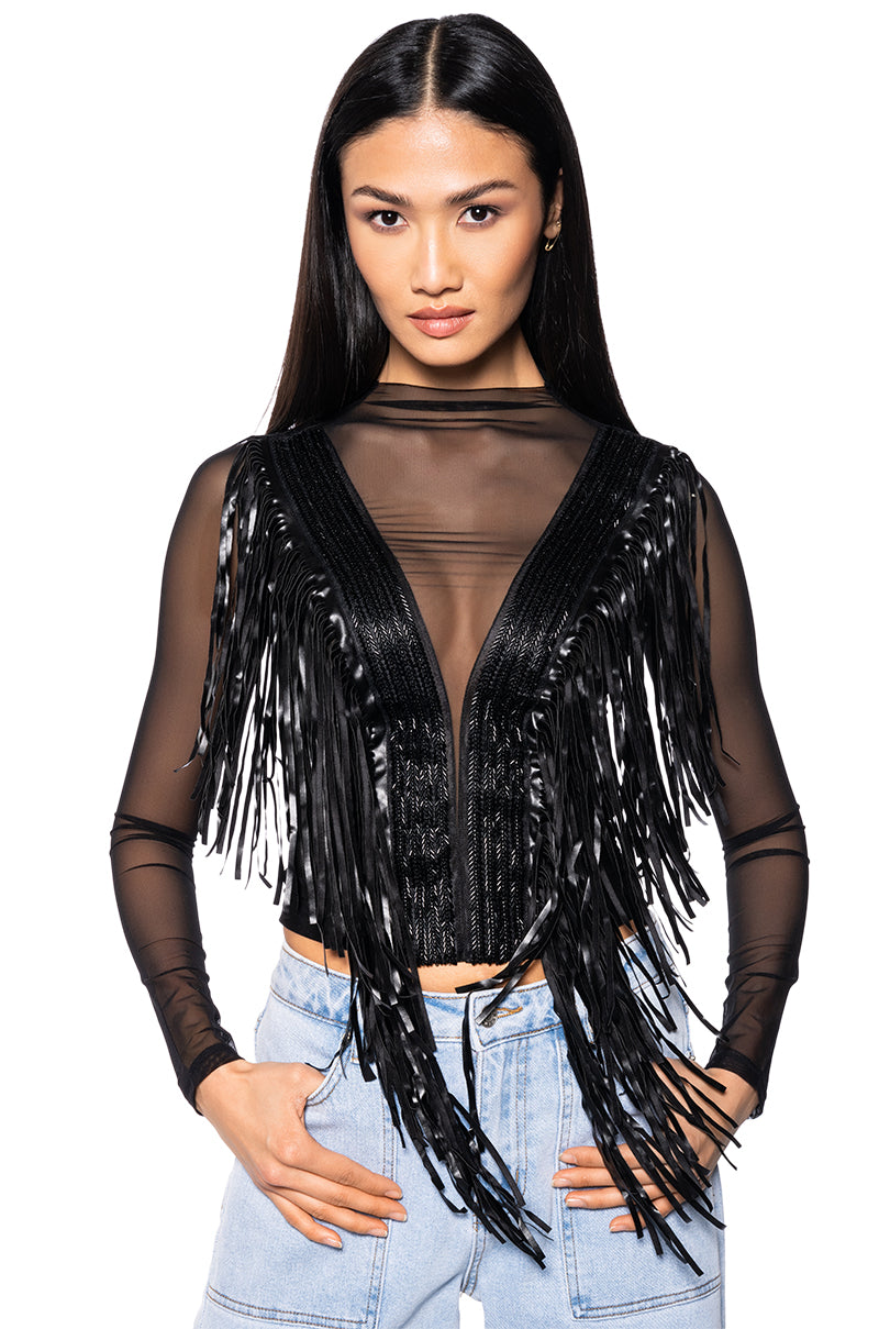 Side View Worthy Of Me Fringe Detail Long Sleeve Mesh Top 1