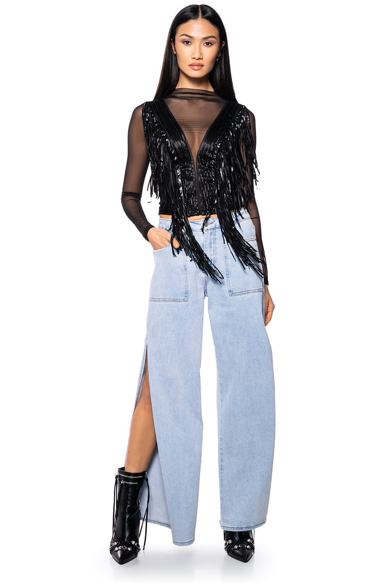 Back View Worthy Of Me Fringe Detail Long Sleeve Mesh Top 2
