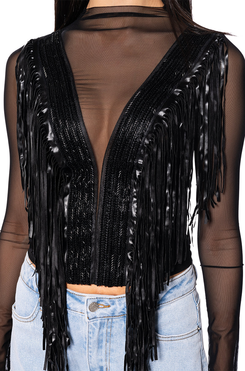 Extra View Worthy Of Me Fringe Detail Long Sleeve Mesh Top 5