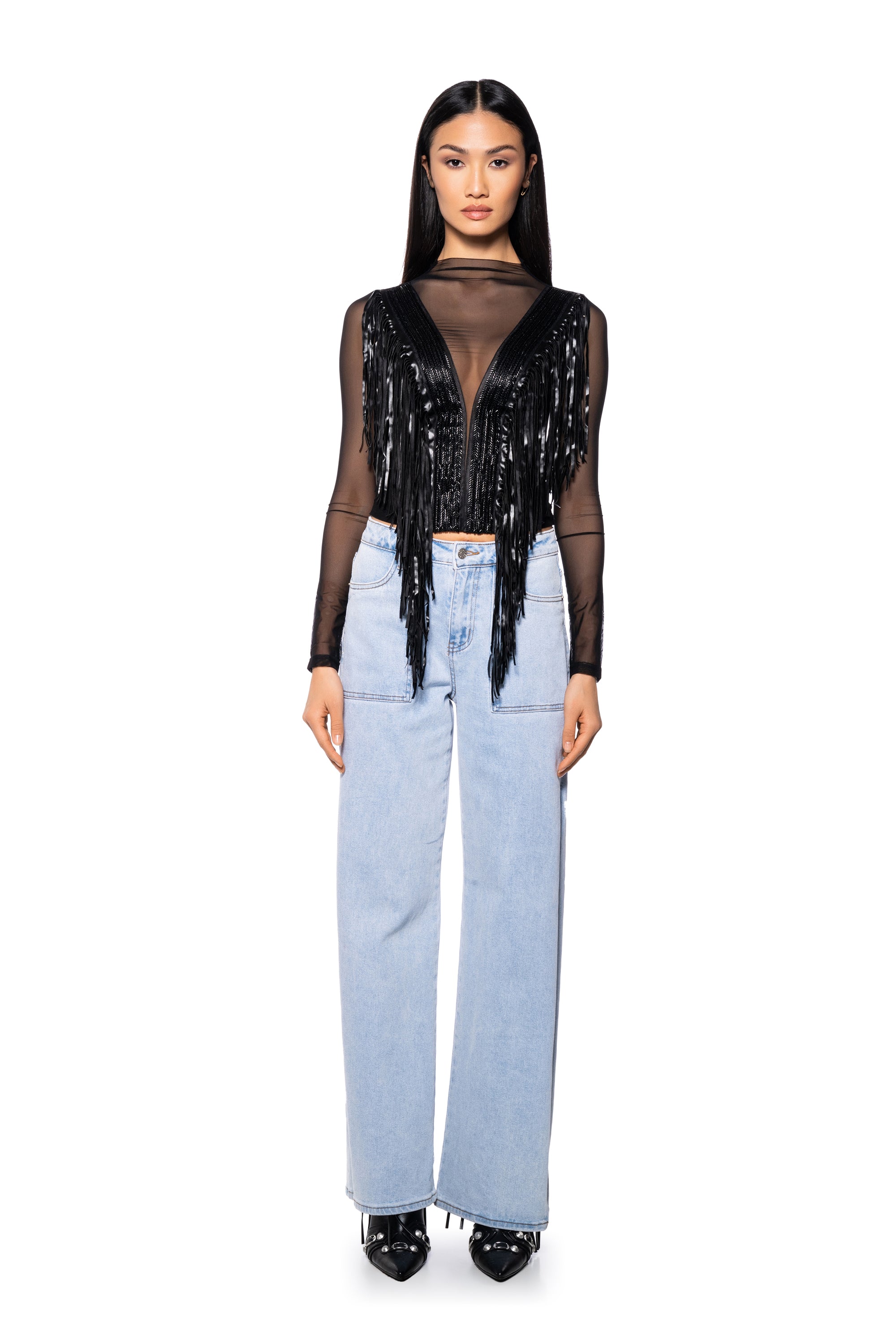 Extra View Worthy Of Me Fringe Detail Long Sleeve Mesh Top 6