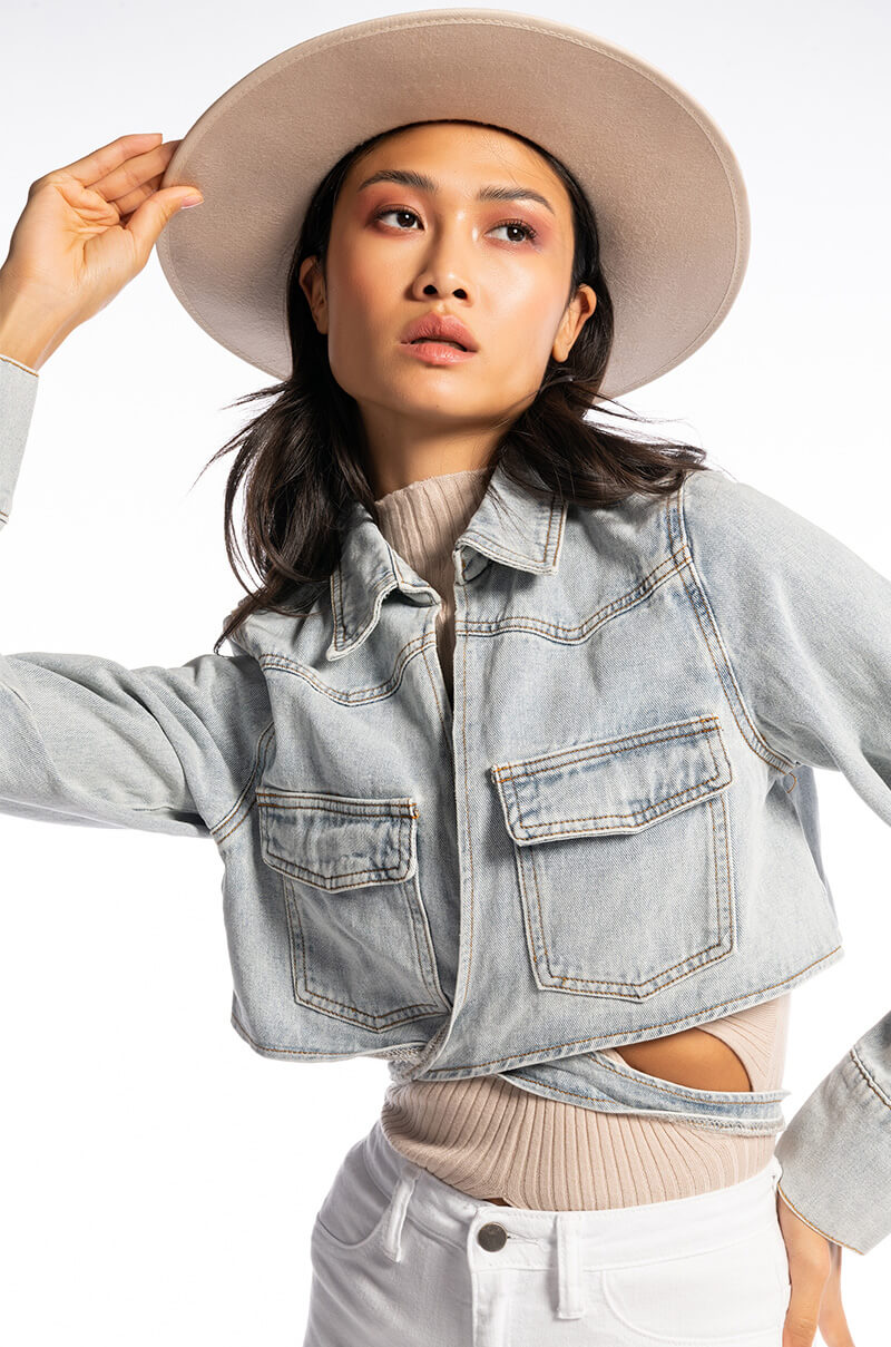 Front View Wrap Around Denim Jacket 0