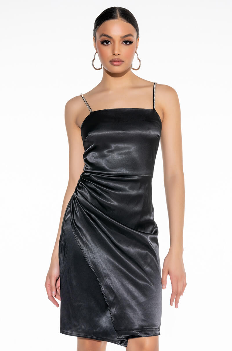 Front View Wrap It Up Satin Side Slit Mini Dress
