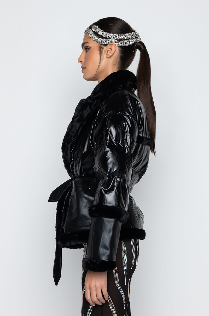 Back View Wrap Puffer Jacket With Faux Fur Trim