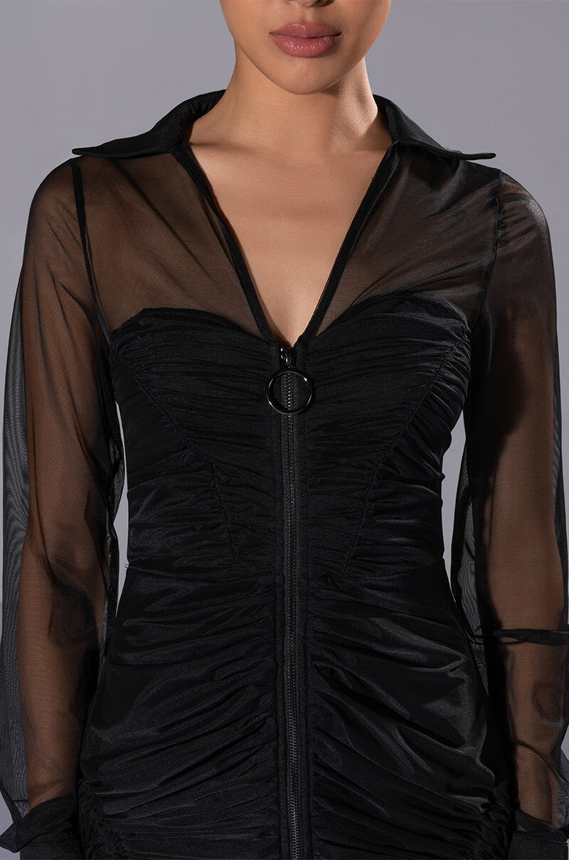 Full View Wren Ruched Zip Up Mesh Mini Dress