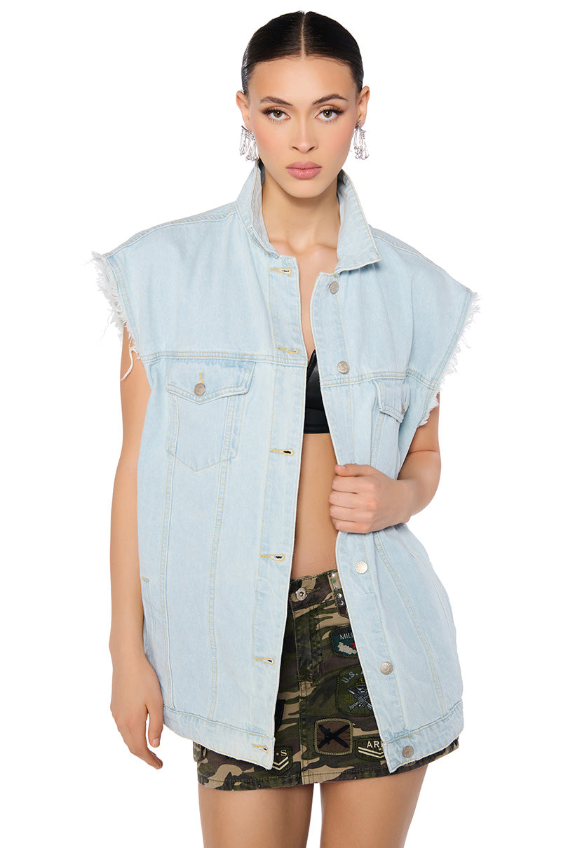 Front View Wrenly Oversized Denim Vest