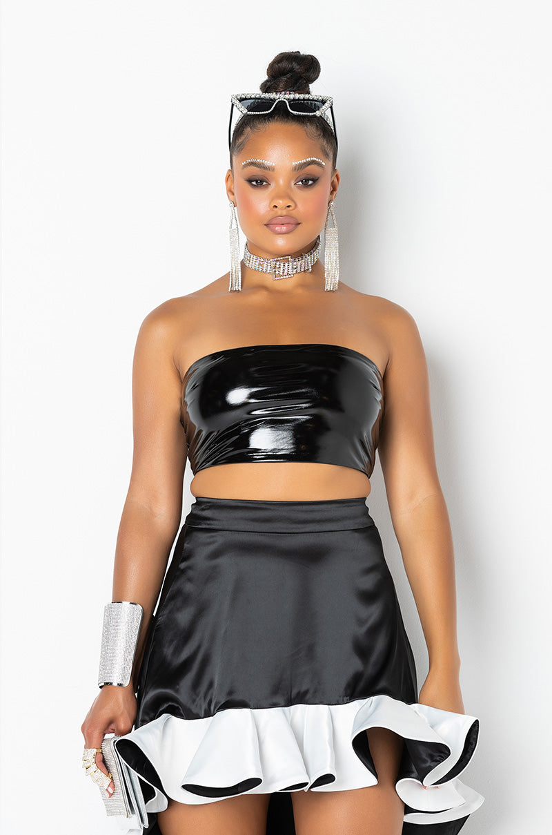 Front View Wuz Poppin Vinyl Tube Top in Black