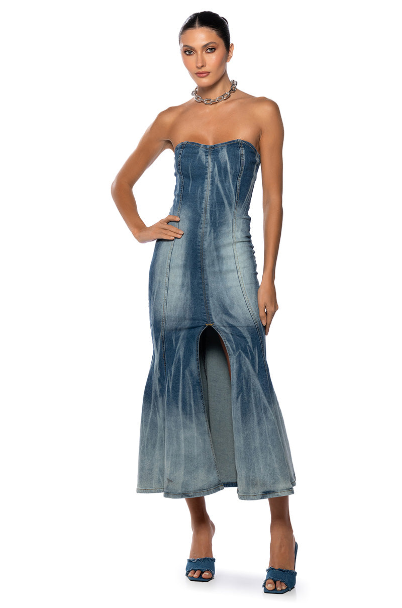 Front View Y2k Bae Strapless Washed Denim Maxi Dress