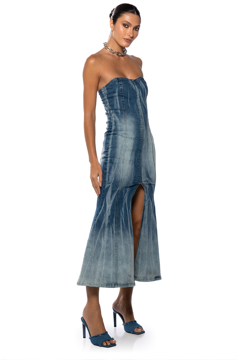 Side View Y2k Bae Strapless Washed Denim Maxi Dress