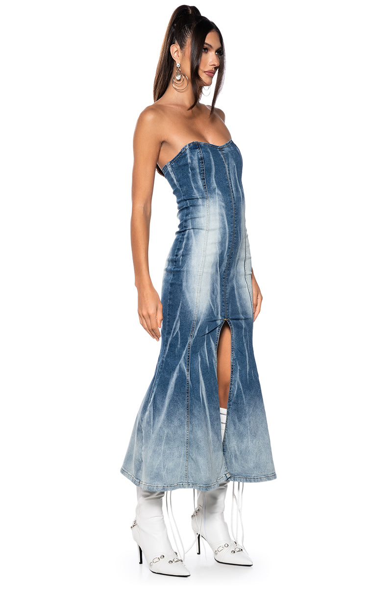 Side View Y2k Bae Strapless Washed Denim Maxi Dress