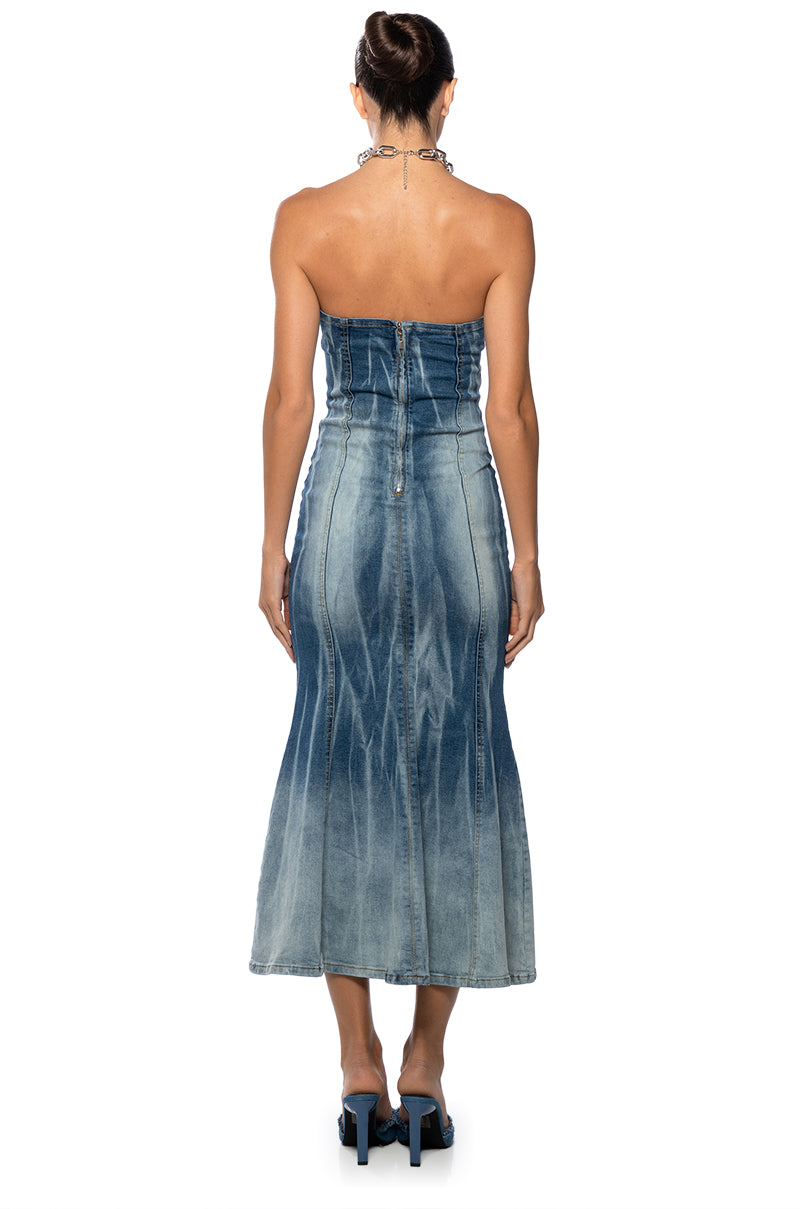 Detail View Y2k Bae Strapless Washed Denim Maxi Dress