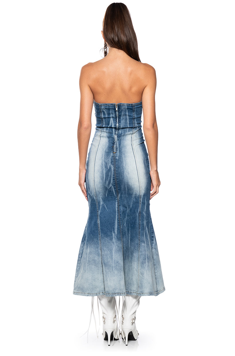 Detail View Y2k Bae Strapless Washed Denim Maxi Dress