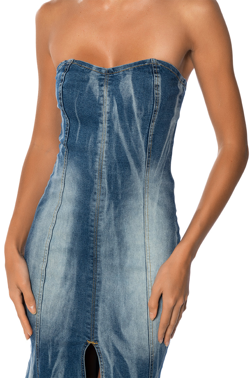 Full View Y2k Bae Strapless Washed Denim Maxi Dress