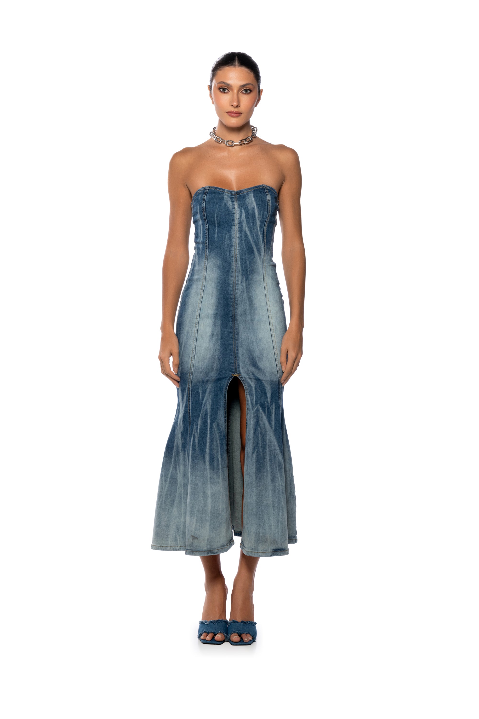 Extra View Y2k Bae Strapless Washed Denim Maxi Dress